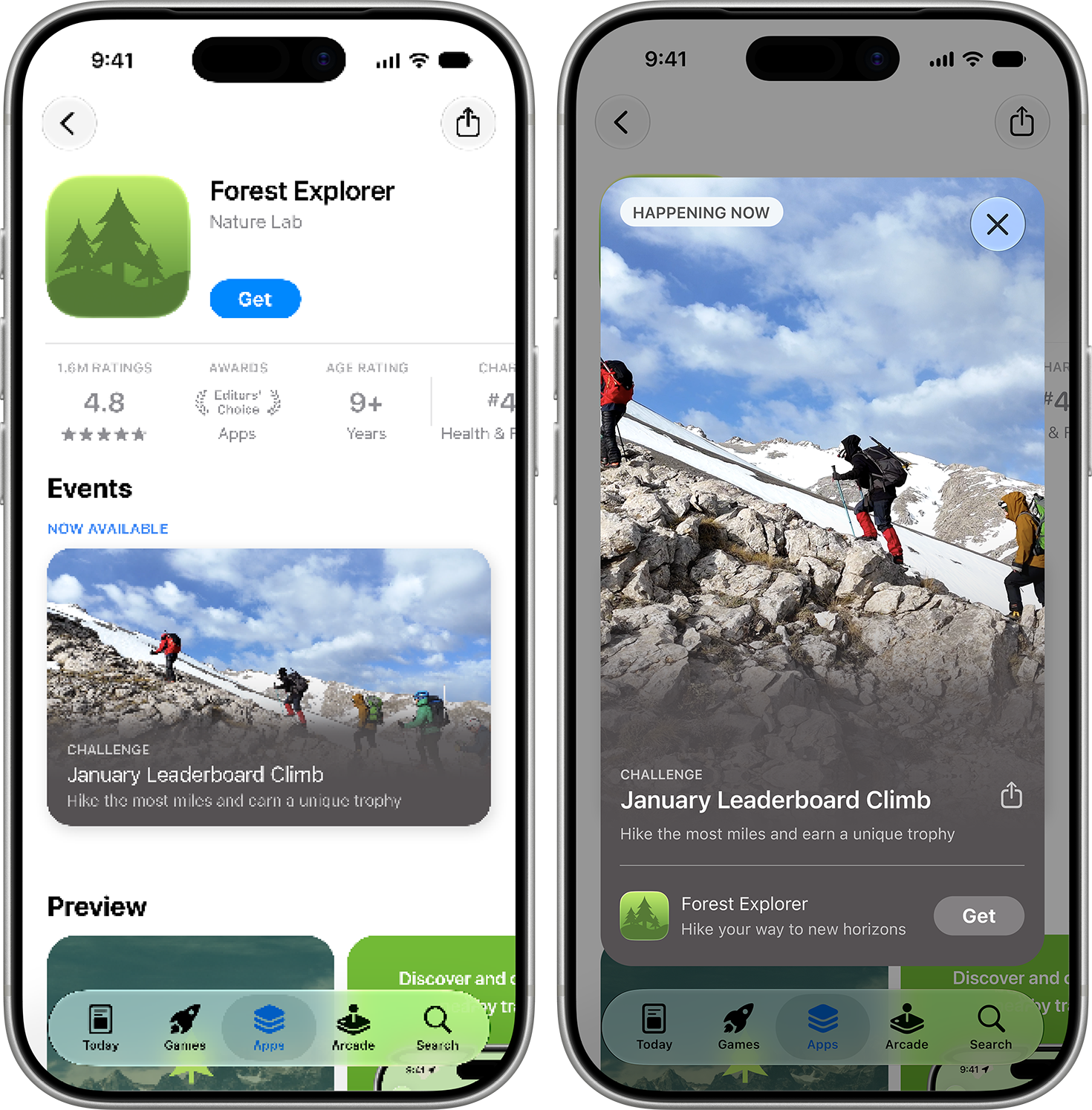 两台 iPhone 的屏幕分别显示了“Forest Explorer”产品页面的“Events”部分和 January Leaderboard Climb 的 App 内活动详情卡片。