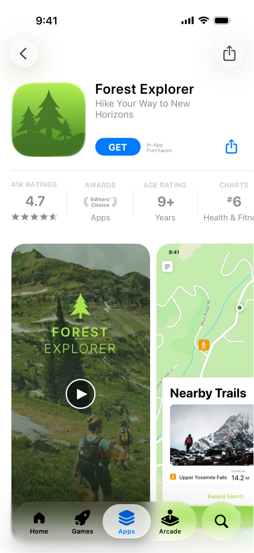 iPhone showing App Store product page for Forest Explorer app featuring hike trails