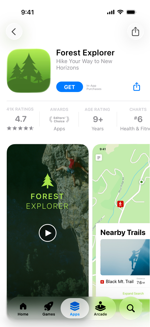 iPhone showing App Store product page for Forest Explorer app featuring rock climbing
