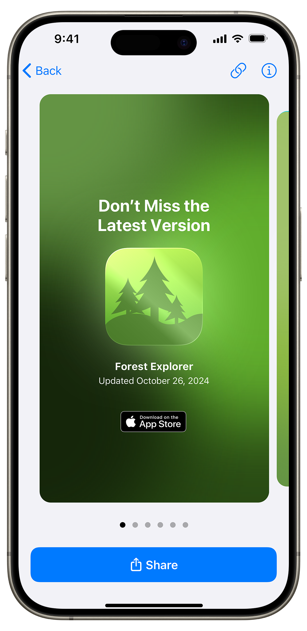 ソーシャルメディアでの紹介に利用できるビジュアルアセットの例。この例のアセットは『Forest Explorer』アプリのもので、「最新バージョンをお見逃しなく」というテキスト、『Forest Explorer』のアイコン、「App Storeからダウンロード」のバッジが表示されている。