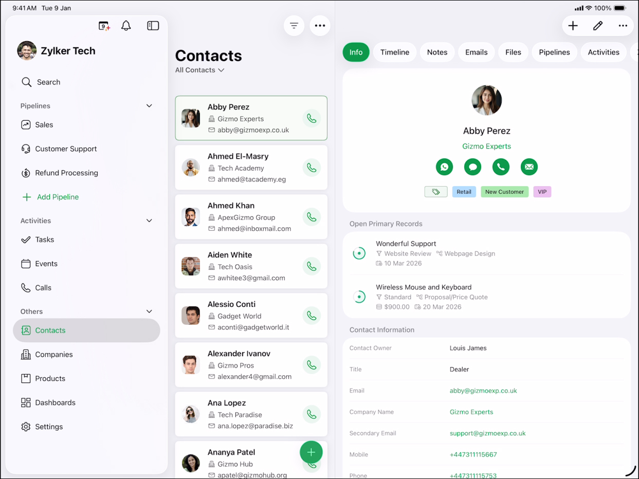 iPad에서 Liquid Glass 디자인이 적용된 Bigin CRM 앱