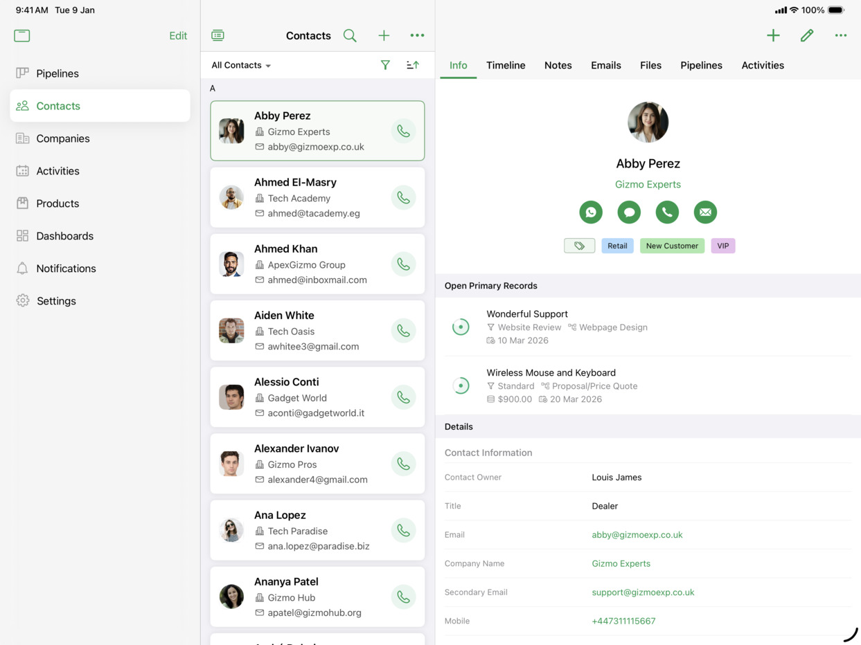 새로운 디자인 적용 전 Bigin CRM 앱 인터페이스