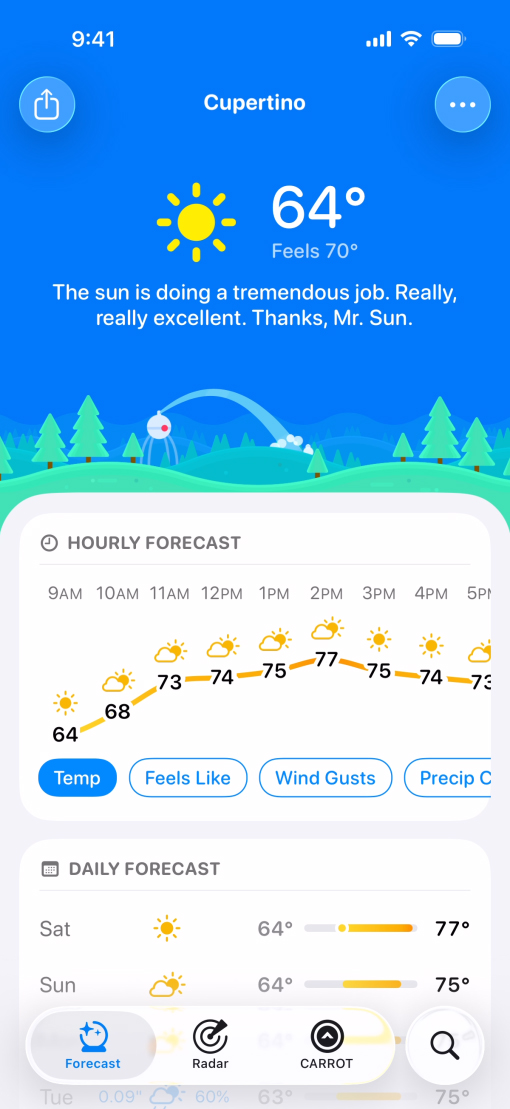 Liquid Glass 디자인이 적용된 CARROT Weather 앱