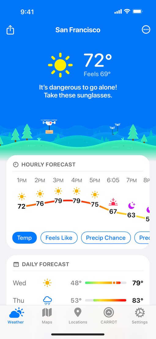 새로운 디자인 적용 전 CARROT Weather 앱 인터페이스