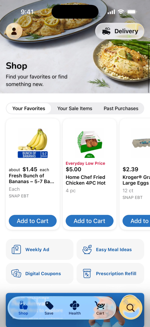 Liquid Glass 디자인이 적용된 Kroger 앱