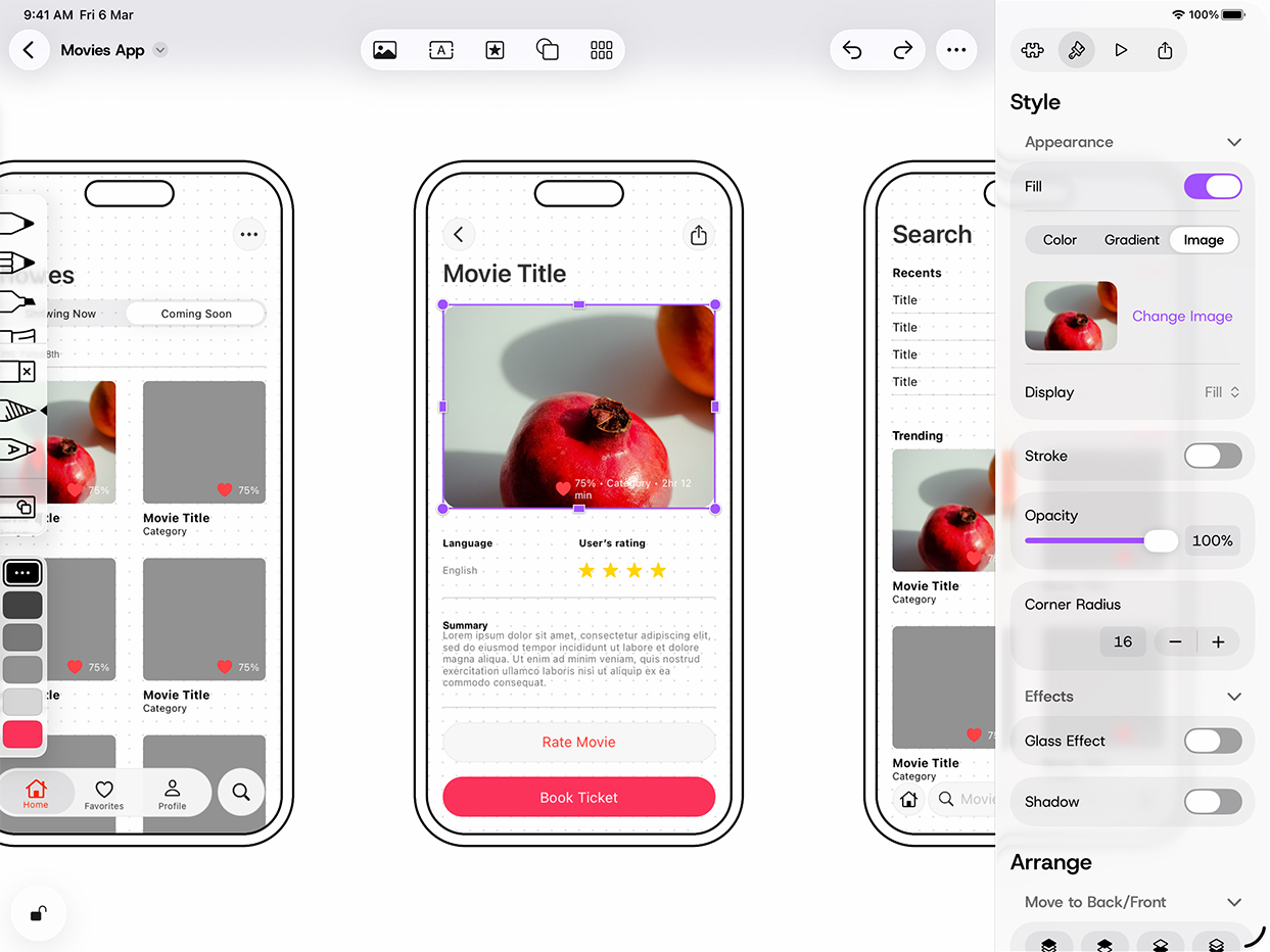 Liquid Glass 인스펙터 패널이 적용된 Mockup 프로토타이핑 앱