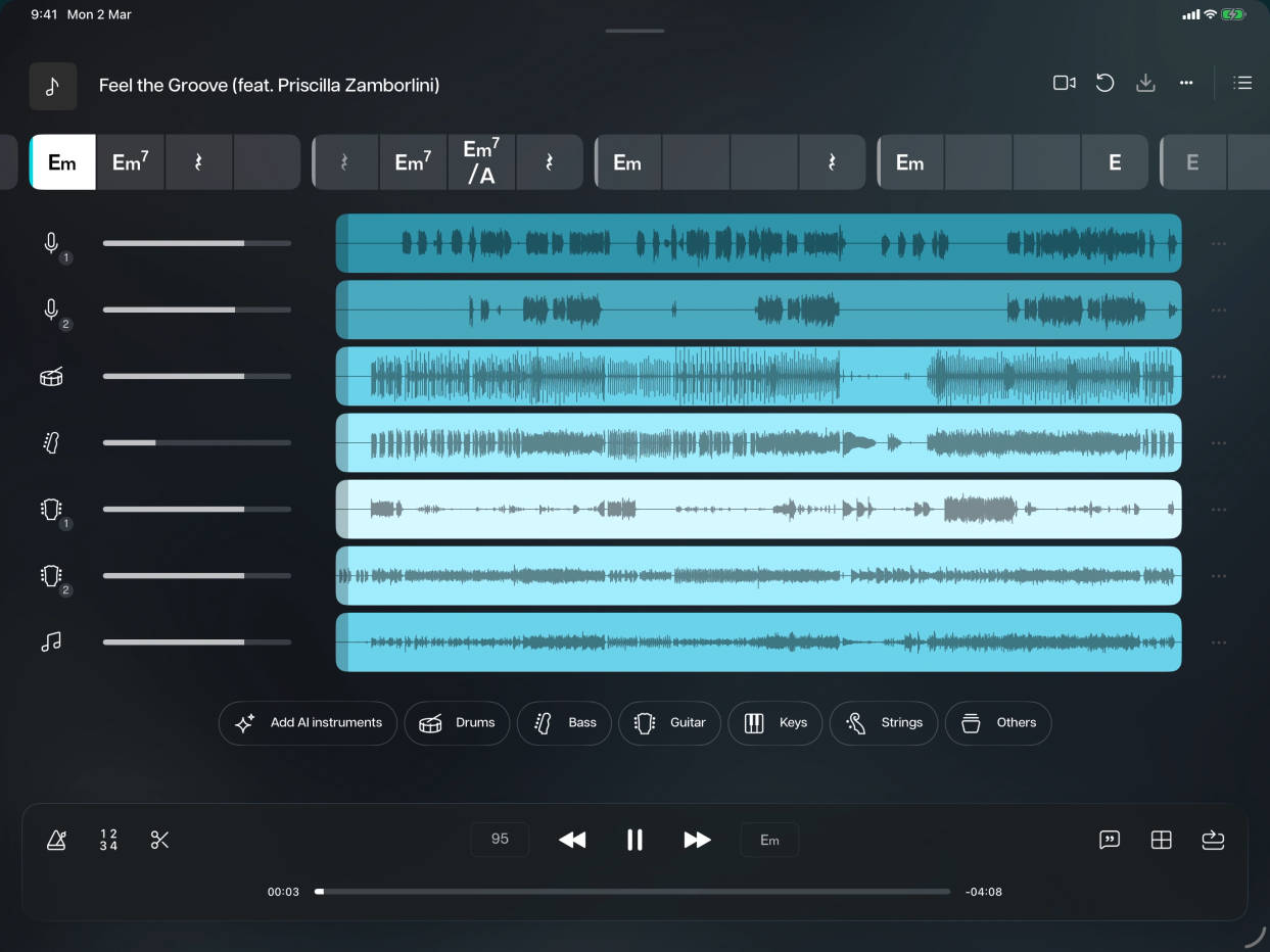 Liquid Glass 재생 제어 항목이 적용된 Moises 앱