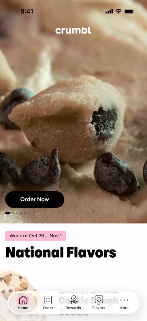 Crumbl app with Liquid Glass design