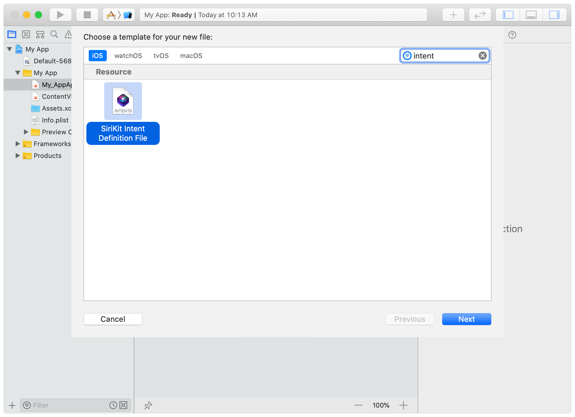 「SiriKit Intent Definition File(SiriKit Intentの定義ファイル)」テンプレートが選択されたXcodeの新しいファイルシートを示すスクリーンショット