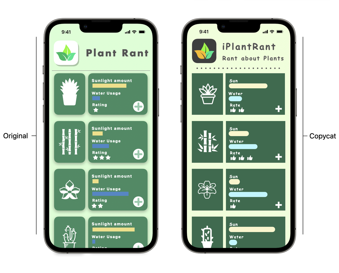 Two iPhone screens side by side, labeled Original and Copycat. On the left is Plant Rant, a hypothetical app for plant lovers. On the right, a different developer's copycat makes minor changes to the name, icon, and layout to pass iPlantRant off as an original creation.