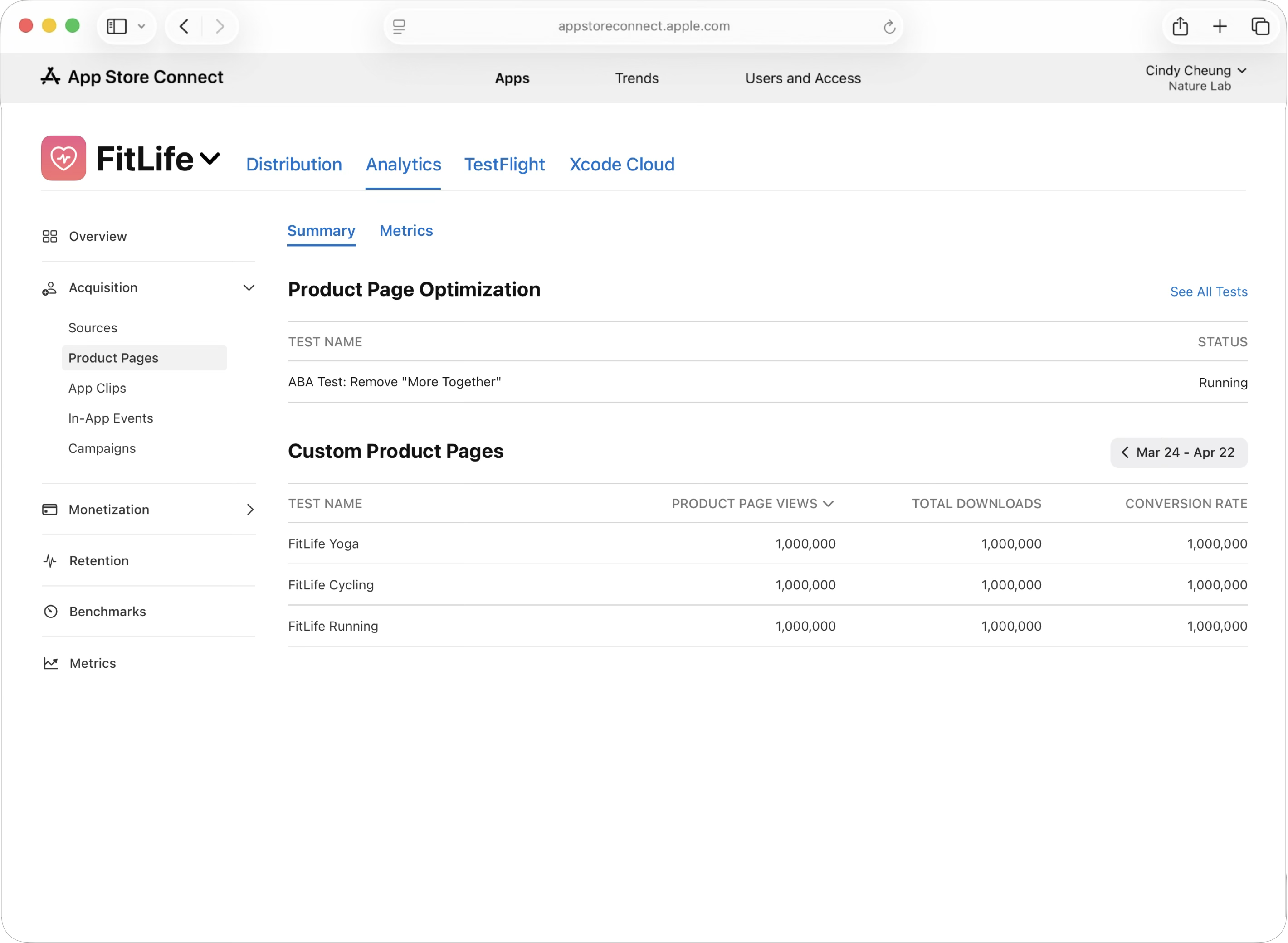 截屏为“产品页面优化”面板,显示最近的测试。