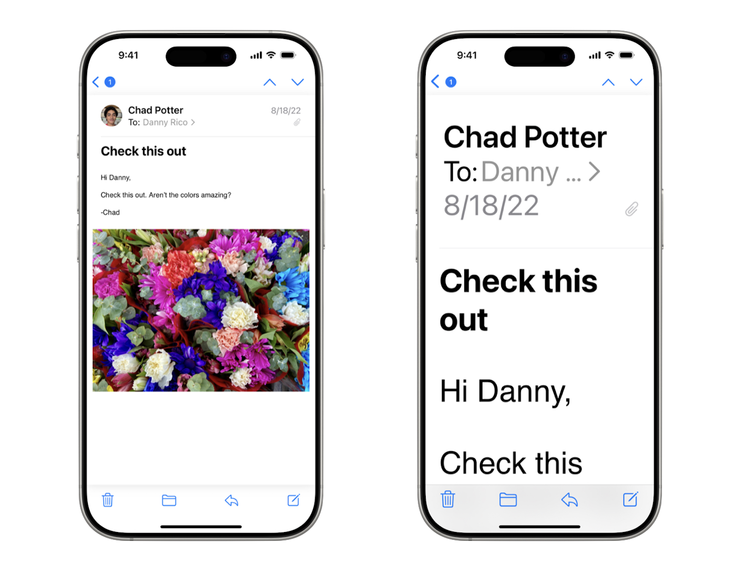 Apple Mail app showing an email at smaller and larger font size. Several interface elements are re-flowed to allow more room for the larger text.