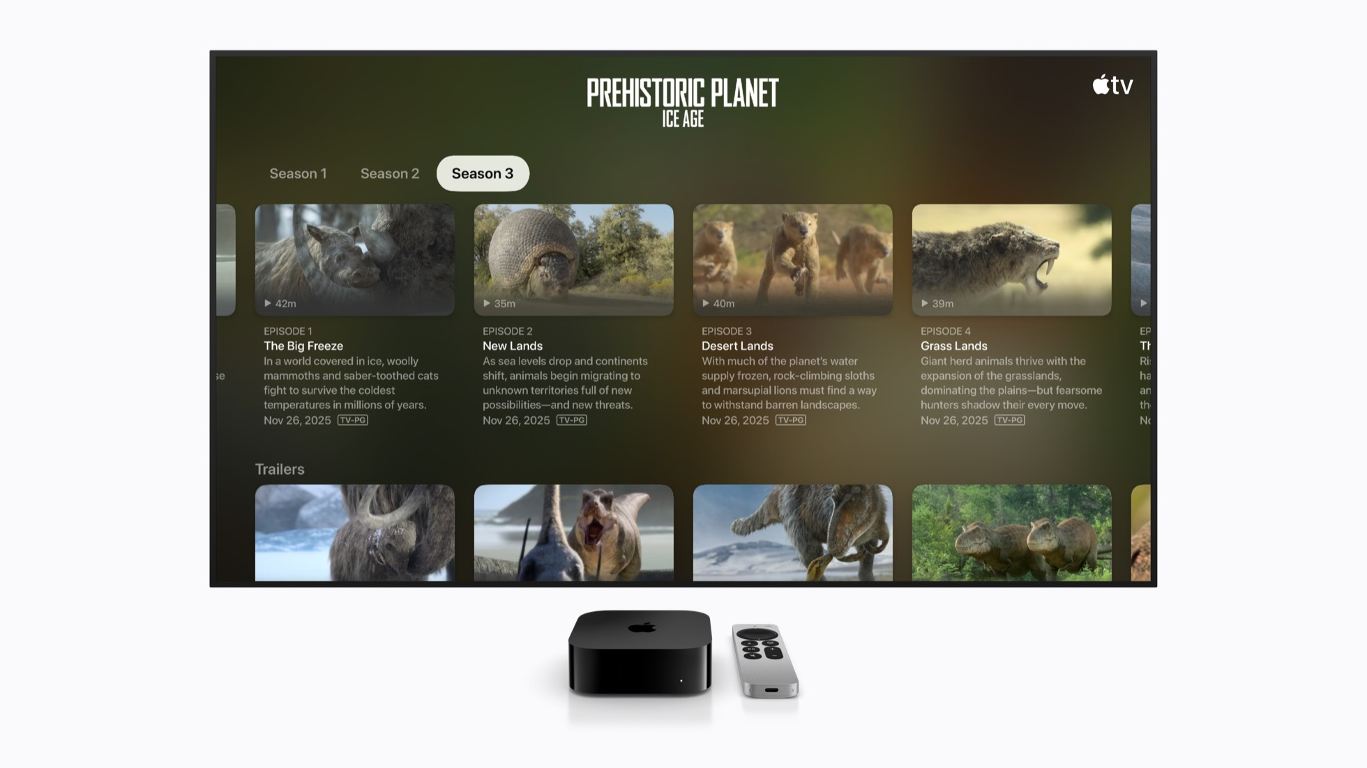 Apple TV menu for Prehistoric Planet: Ice Age showing episode titles, descriptions, and season tabs at the standard text size.