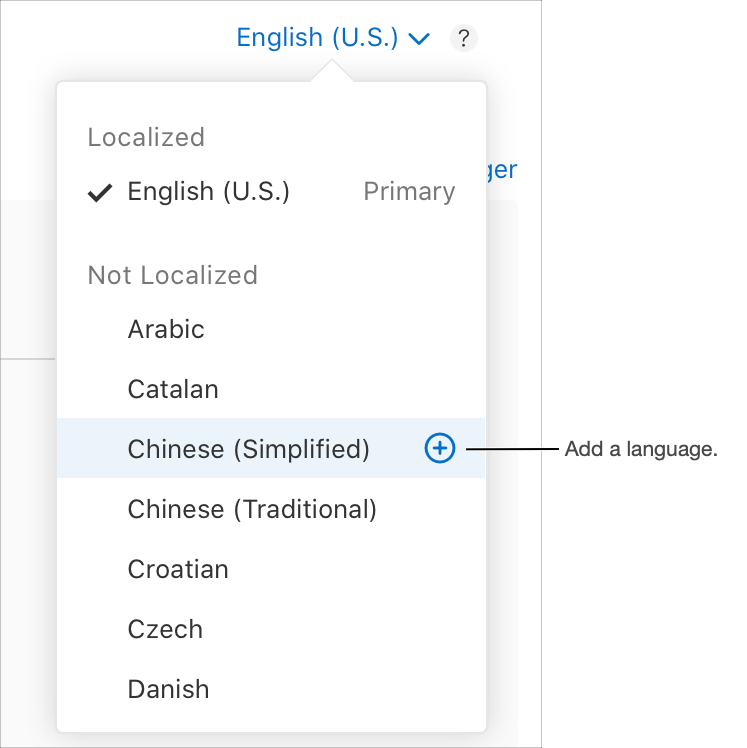 Screenshot of the language menu on the app platform detail page, which shows a highlighted language with a ‘+' button displays next to its name.