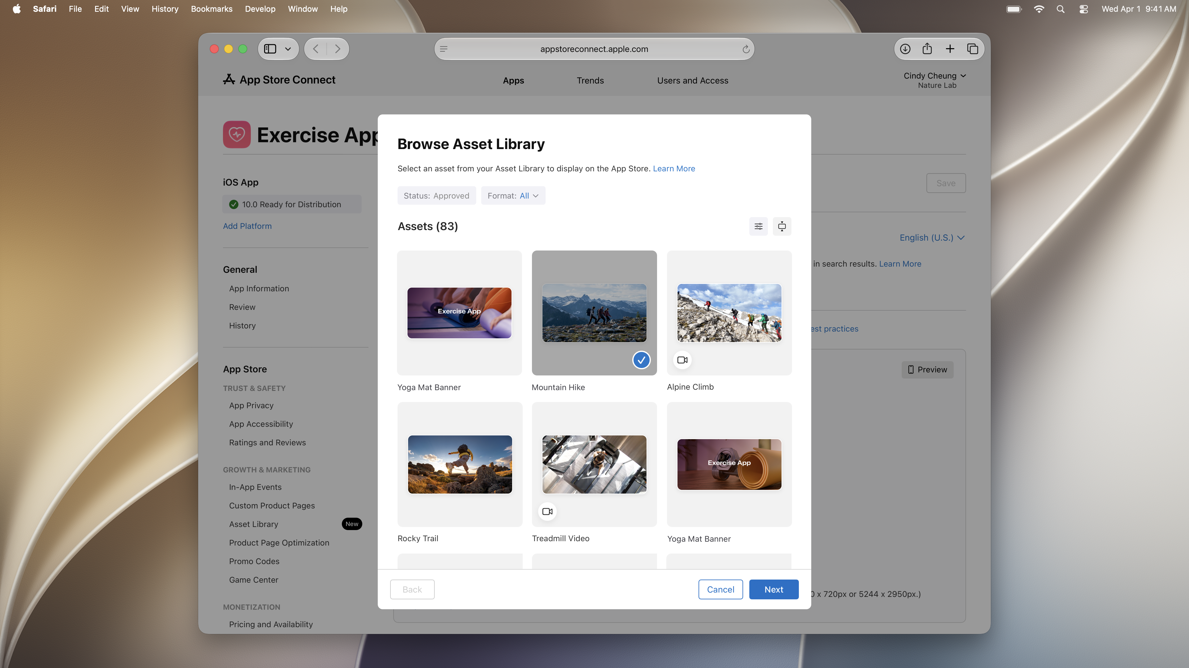 Browse Asset Library sheet in App Store Connect, showing the Mountain Hike asset selected with Cancel and Next buttons in the bottom right.