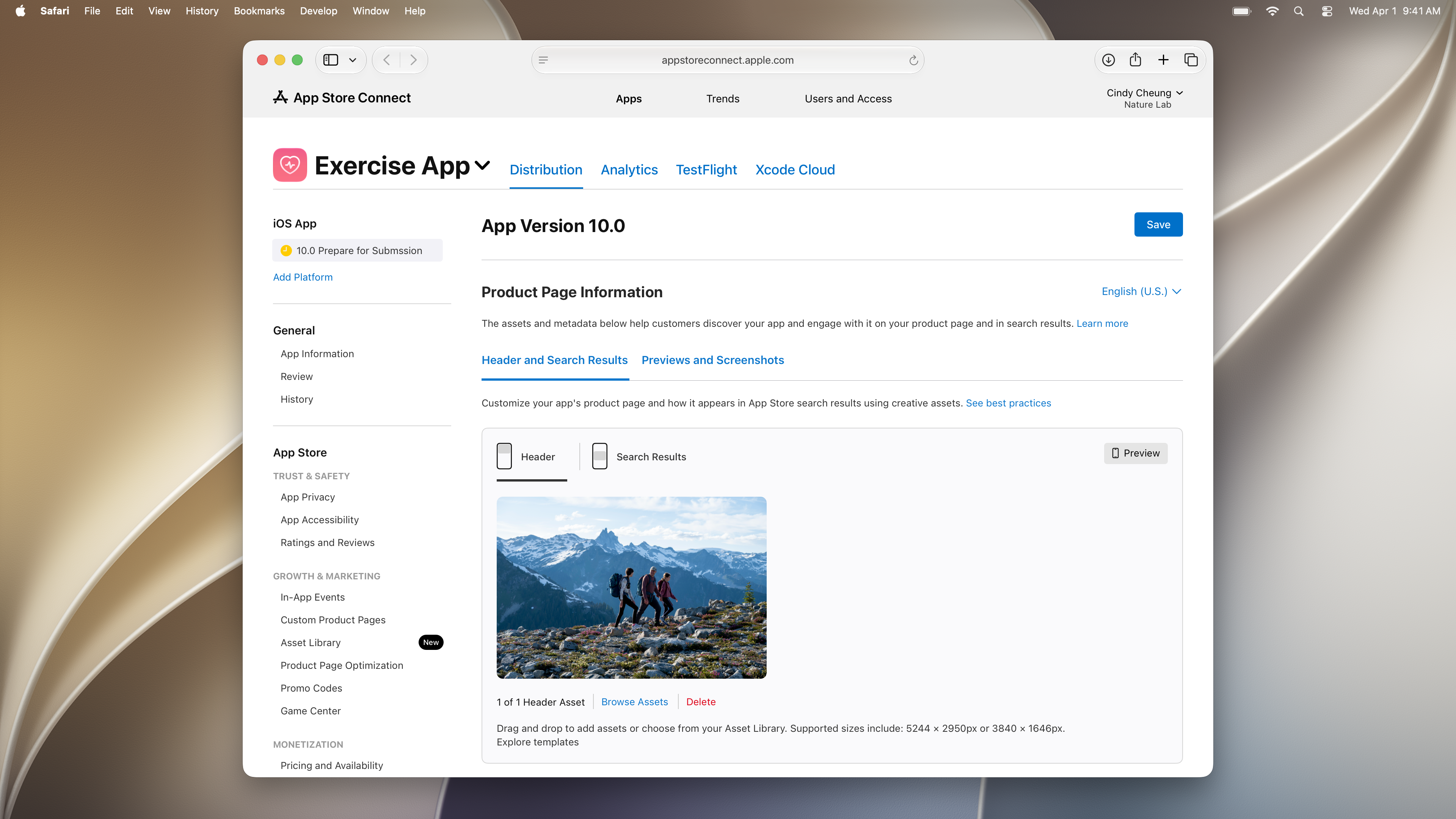 Product Page Information section, showing the Header tab under Header and Search Results with Browse Assets and Delete options located below the image preview.