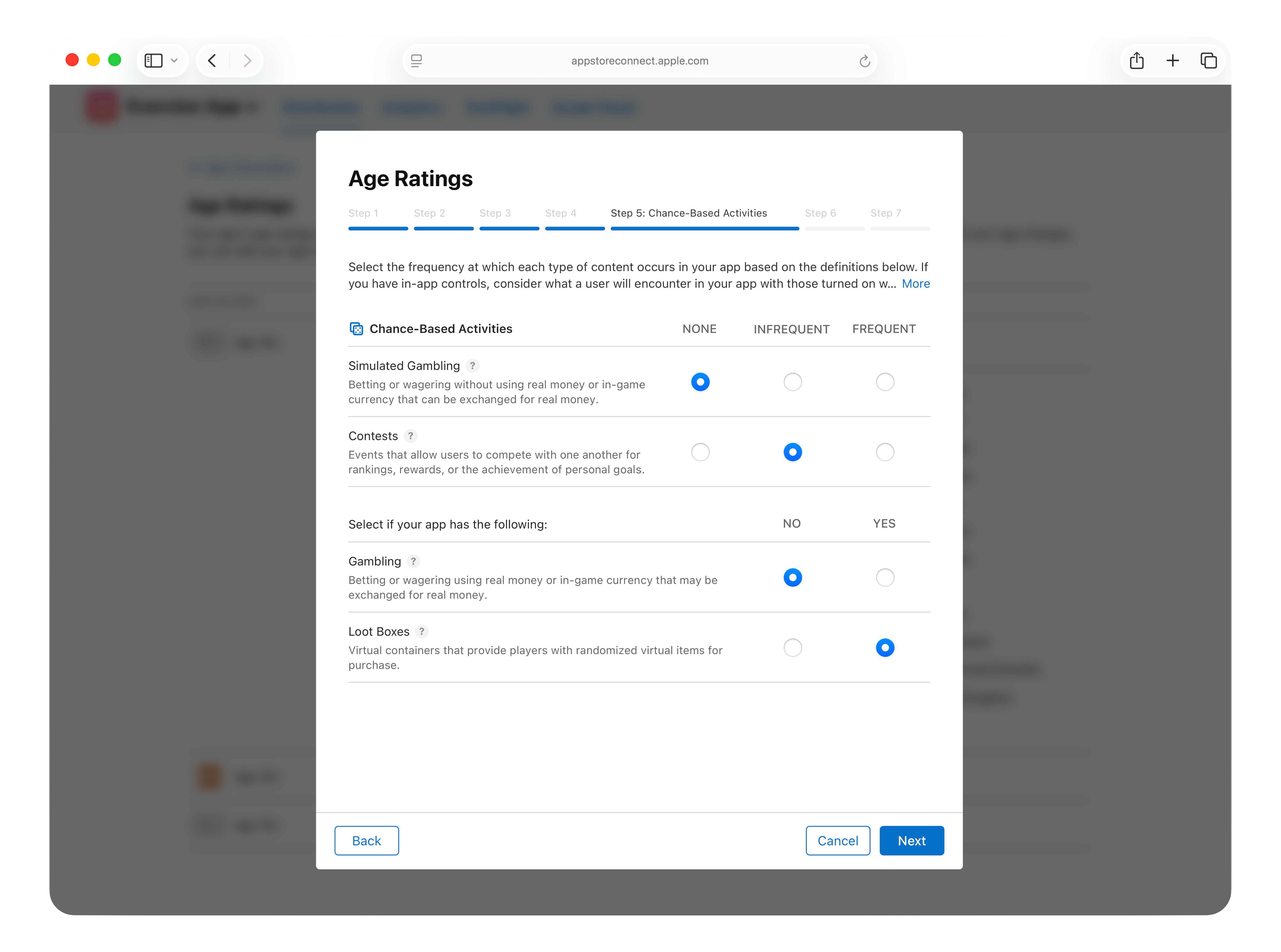 A screenshot of the 'Age Ratings' dialog box, titled 'Step 5: Chance-Based Activities'. It lists various chance-based activities for selection, such as 'Simulated Gambling' and 'Contests'. Each option has 'NONE', 'INFREQUENT', and 'FREQUENT' radio buttons. Under 'Select if your app has the following:' section, 'Gambling' and 'Loot Boxes' are listed with 'YES' and 'NO' radio buttons. The 'Back' button is at the bottom left, and the 'Cancel' and 'Next' buttons are at the bottom right of the dialog.
