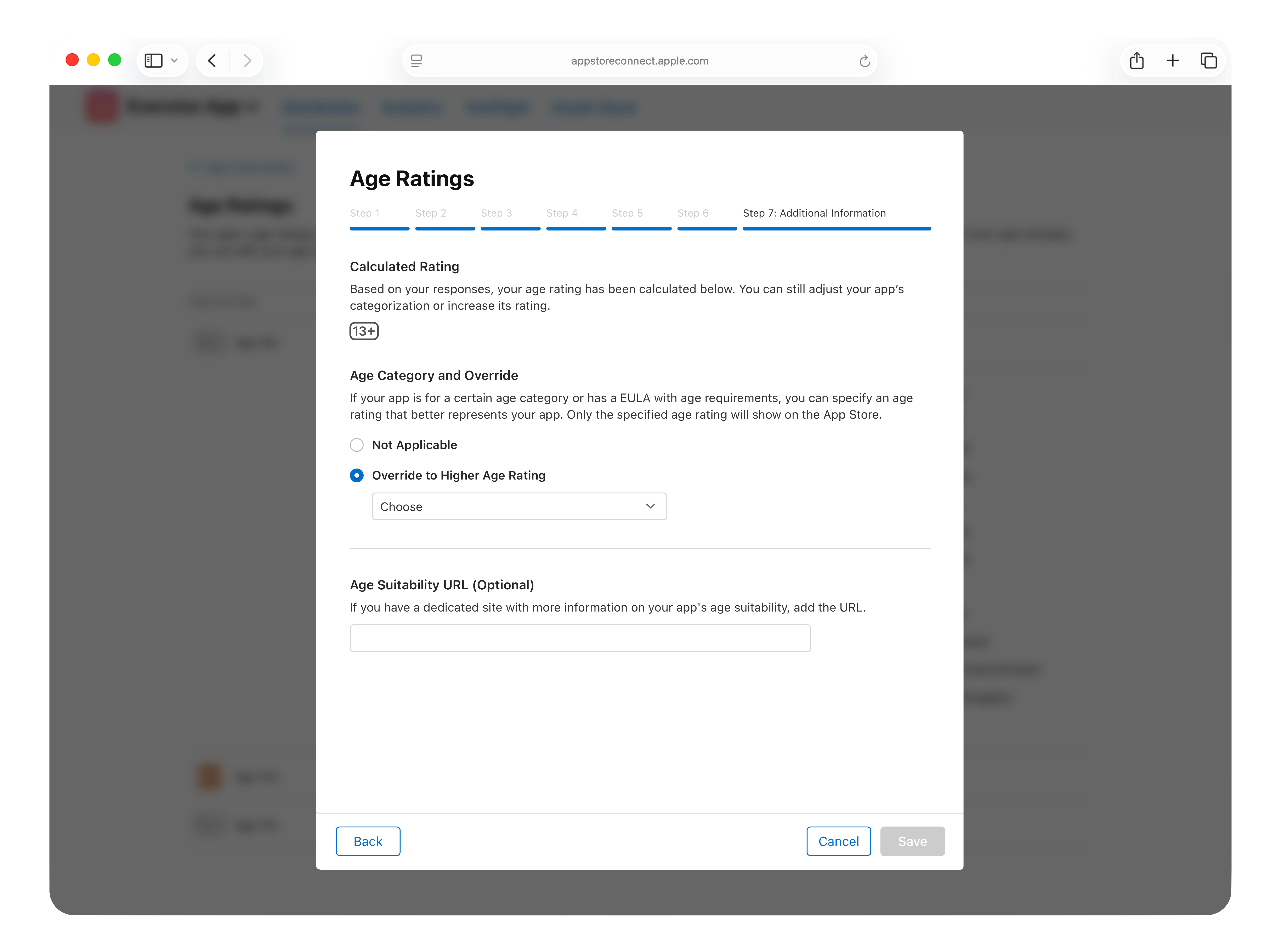 A screenshot of the 'Age Ratings' dialog box, titled 'Step 7: Additional Information'. The 'Calculated Rating' is displayed as '13+'. Under the 'Age Category and Override' section, there are options to select 'Not Applicable' and 'Override to Higher Age Rating'. An optional 'Age Suitability URL' text field is also present. The 'Back' button is at the bottom left, and the 'Cancel' and 'Save' buttons are at the bottom right of the dialog.