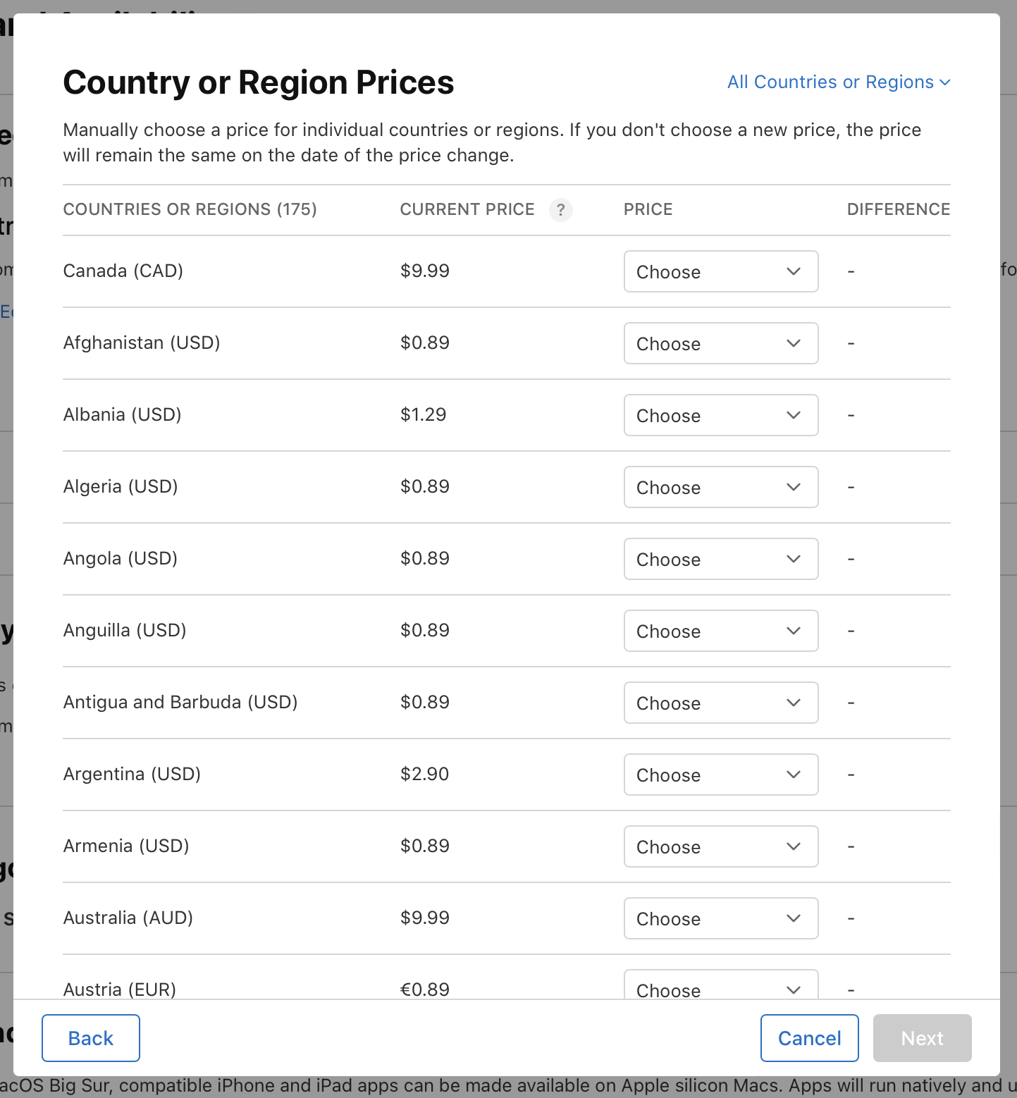 Screenshot of the Country or Region Prices dialog, where there is a table that lists countries or regions, their current price with editable price pull-down menu next to it, and difference between the current and new price. At the bottom of the dialog, the Back button is on the left, and the Cancel and Next buttons are on the right.