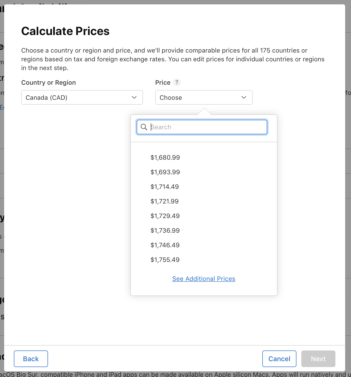 Screenshot of the Calculate Prices dialog, where there is pull-down menu for the Country or Region section and the Price section. The pull down menu, under the Price section is open, listing a few price points. At the bottom of the dialog, the Back button is on the left, and the Cancel and Next”buttons are on the right.