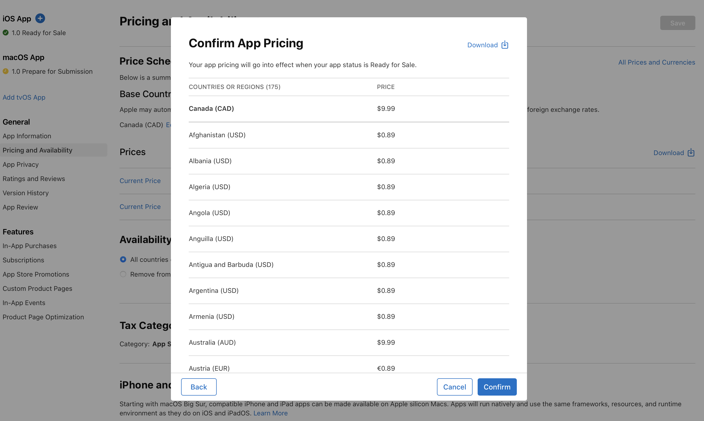 Screenshot of the Confirm App Pricing dialog, where the prices for all other countries or regions are listed. At the bottom of the dialog, the Back button is on the left, and the Cancel and Next buttons are on the right.