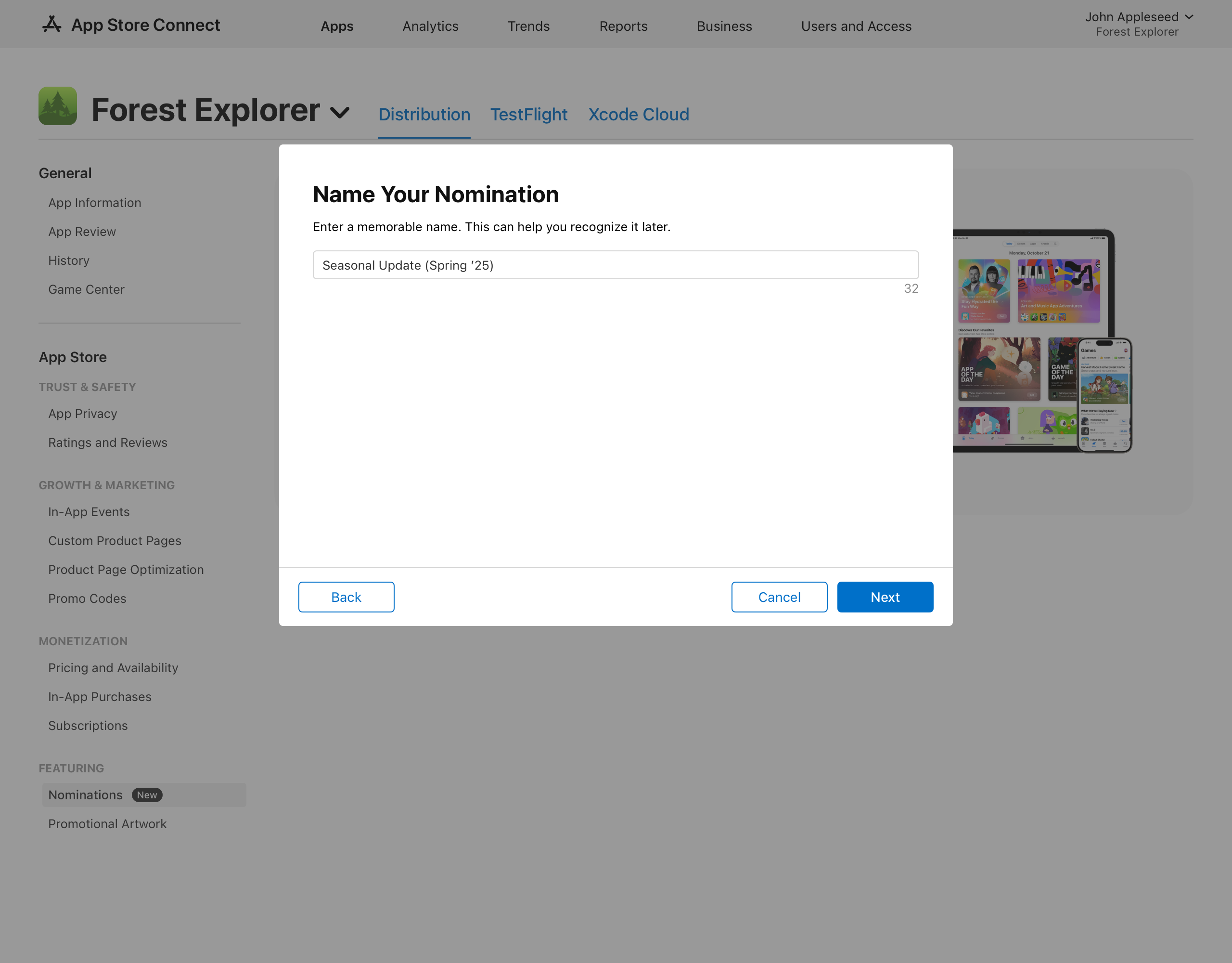 Screenshot of the Name Your Nomination dialog which contains a text field for entering a memorable name for your nomination. At the bottom of the dialog, the Back button is on the left, and the Cancel and Next buttons are on the right.