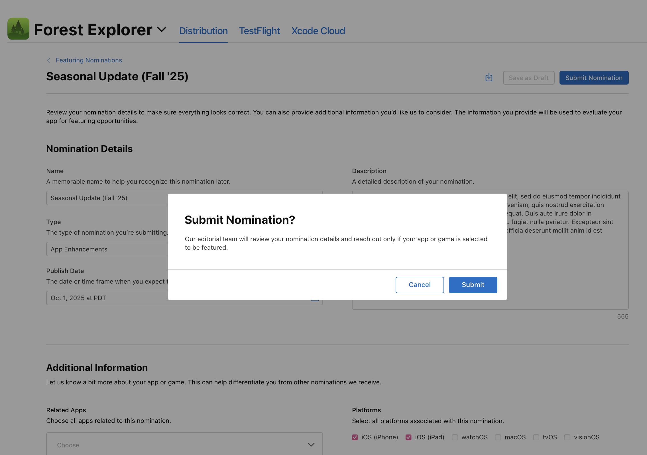 Screenshot of the bottom of the Submit Nomination? dialogue, the Cancel and Submit buttons are on the right.