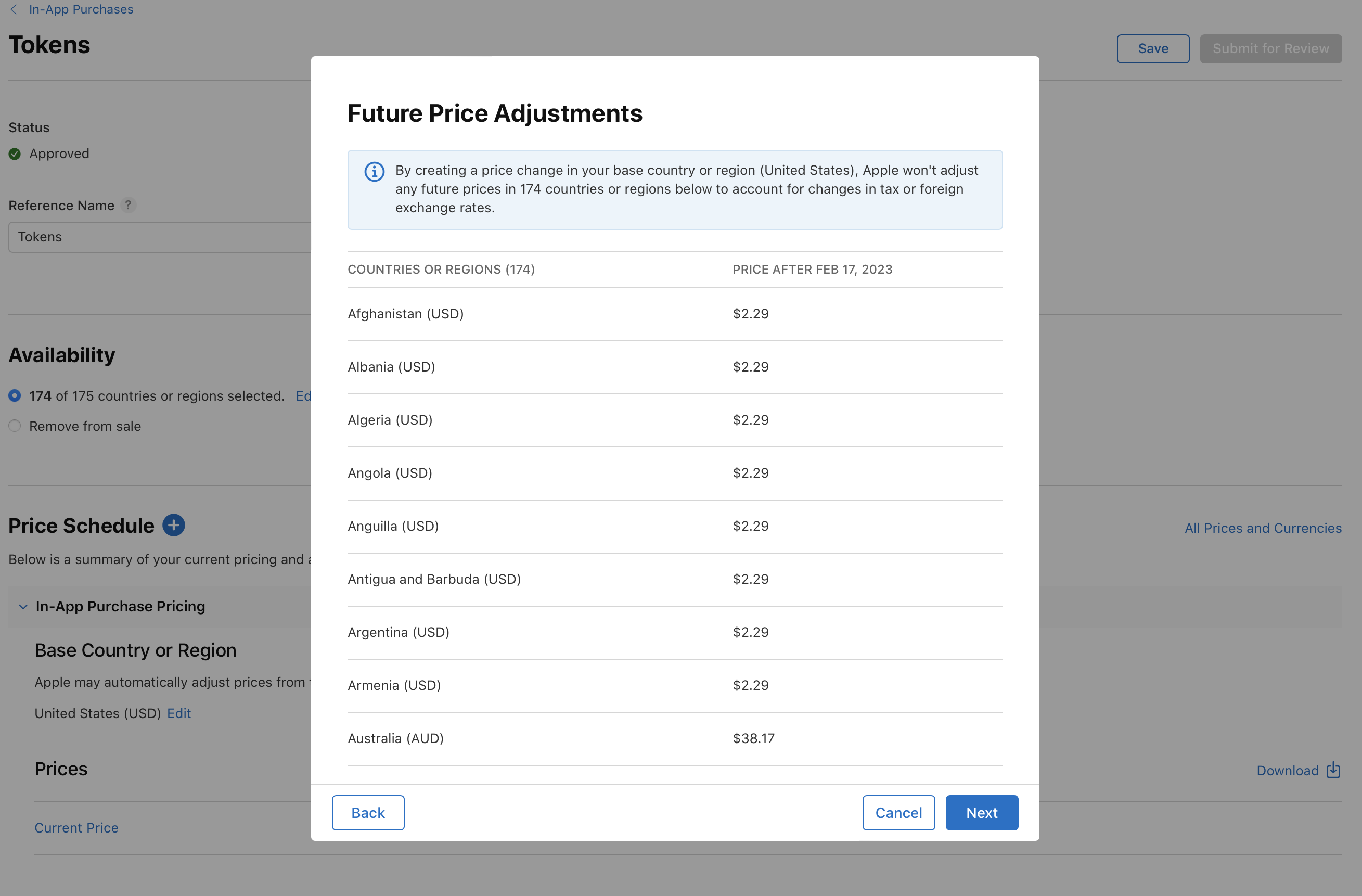 Screenshot of a Future Price Adjustments pop-up window. It shows a list of countries with their current price and the price after February 17, 2023. Buttons for navigation include Back, Cancel, and Next.