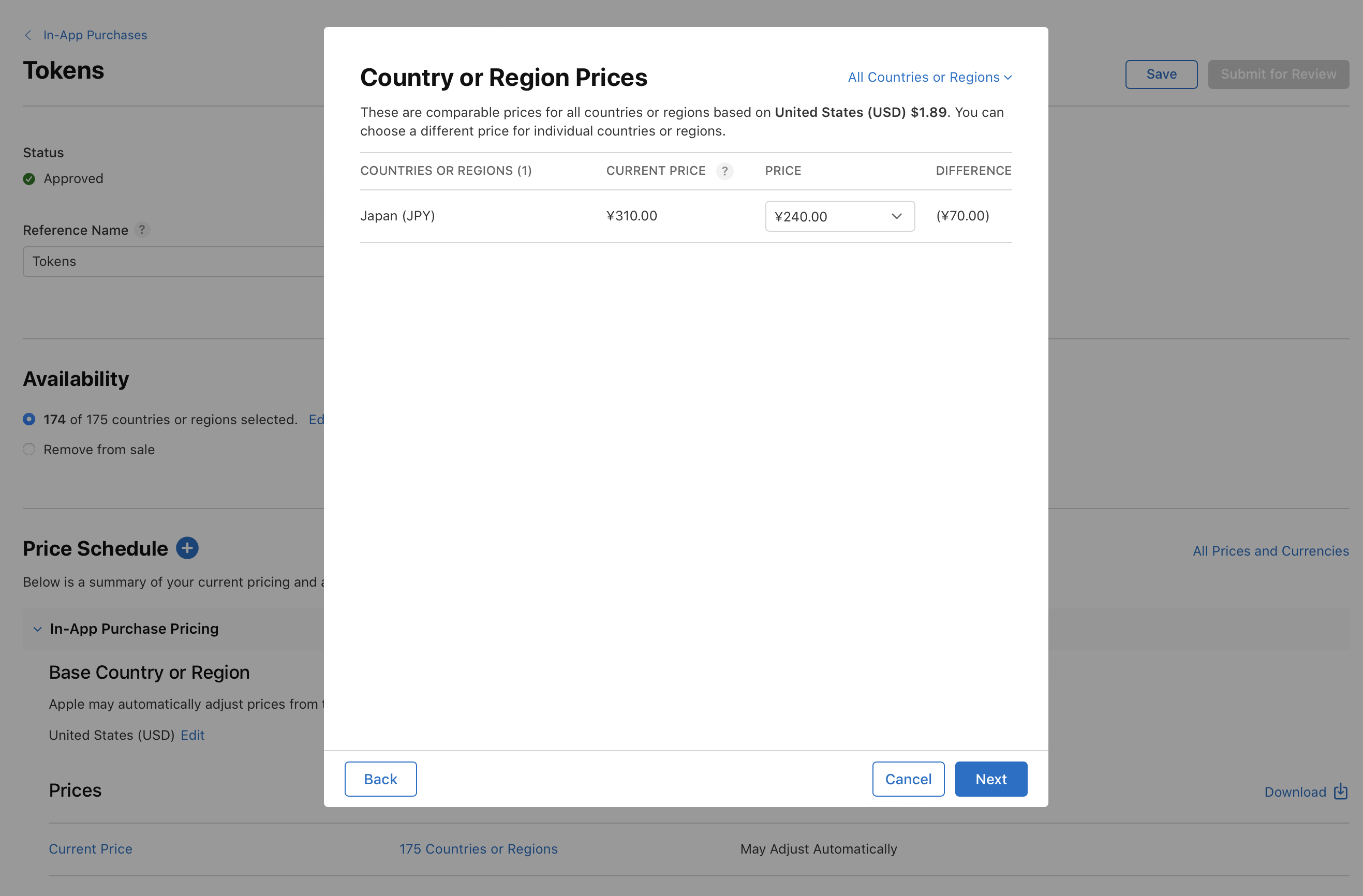 Screenshot of a Country or Region Prices pop-up window. It shows the current price of ¥310.00 for Japan, a new proposed price of ¥240.00, and a difference of -¥70.00. Buttons for navigation include Back, Cancel, and Next.