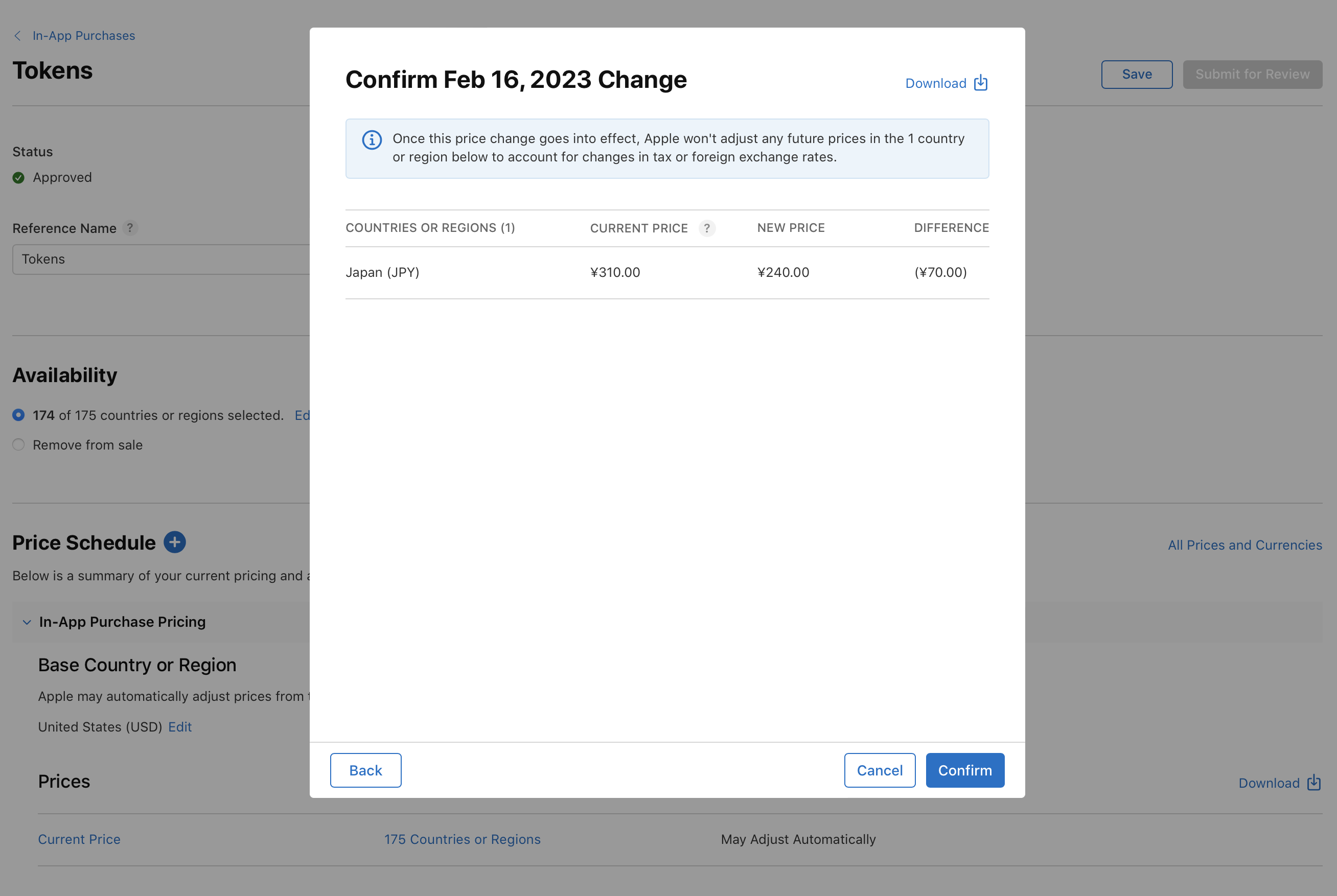 Screenshot of a pricing confirmation pop-up window. It shows the current price of ¥310.00 for Japan, a new price of ¥240.00, and a difference of -¥70.00. There's a warning that says Apple won't adjust future prices in this country or region for tax or foreign exchange rate changes. Buttons for navigation include Back, Cancel, and Next.