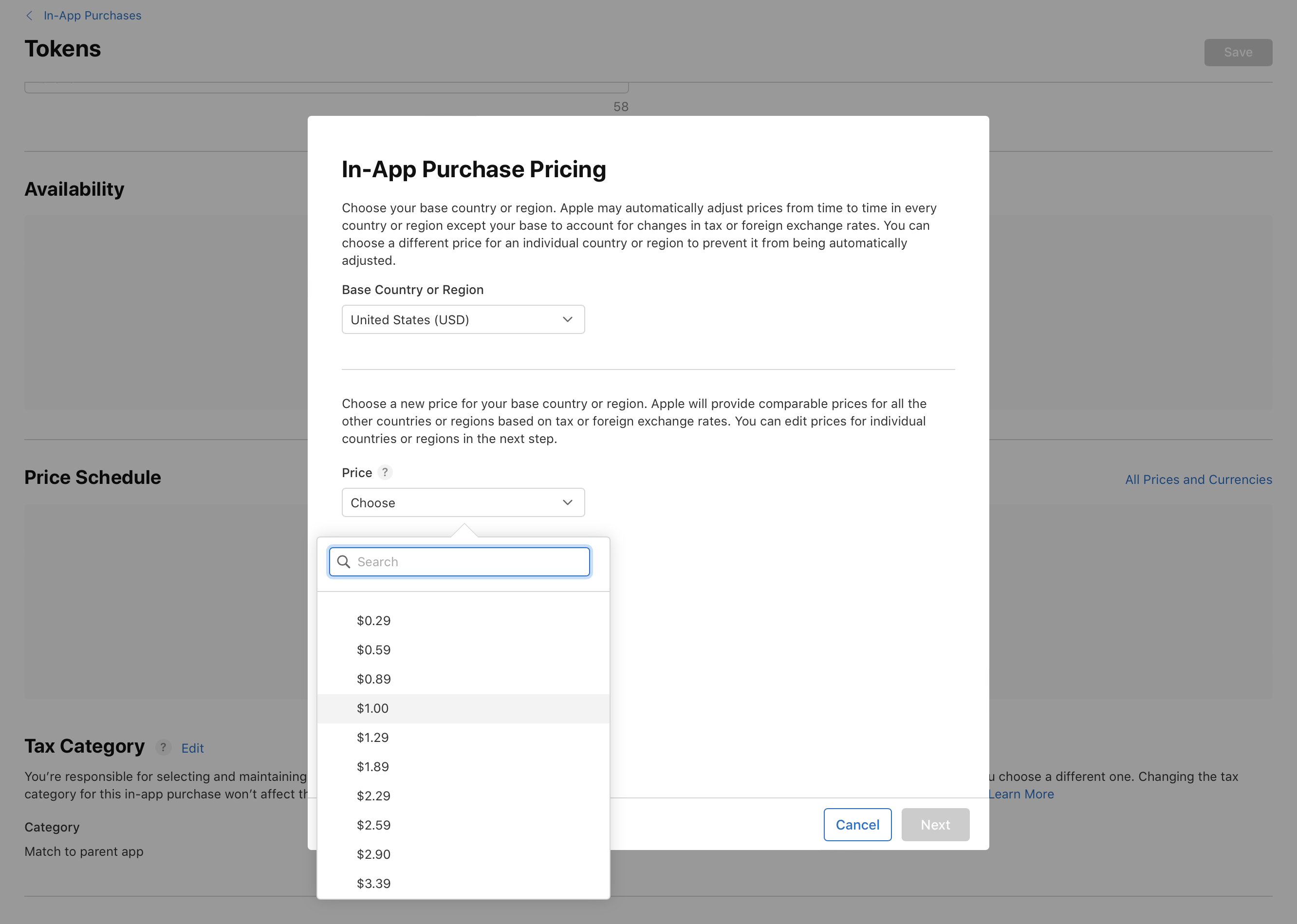 Screenshot of App Store Connect interface for setting In-App Purchase prices. Includes dropdown menus for selecting base country or region, price, and tax category. Instructions explain choosing a base price and automatic adjustments based on tax or currency changes. Options to cancel or proceed with Next are provided.