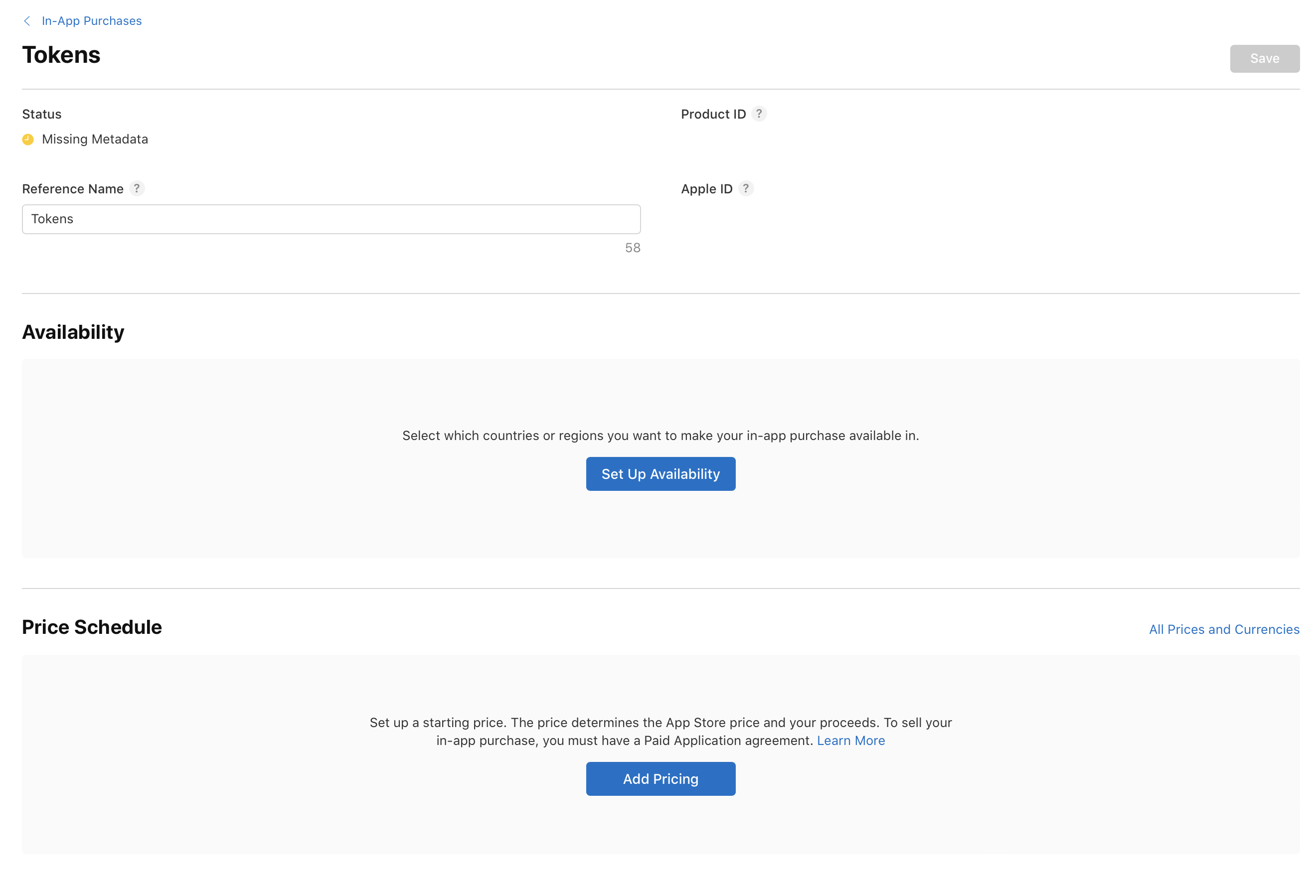Screenshot of App Store Connect interface for managing In-App Purchase pricing. Includes fields for Product ID and Tokens, with a Save button. Features sections for setting availability and pricing, with Set Up Availability and Add Pricing buttons.