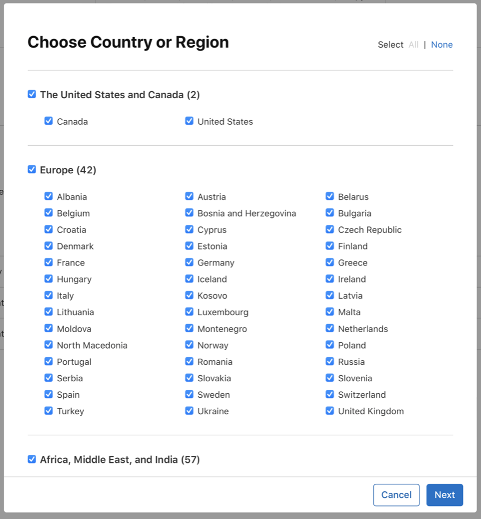 Screenshot of a subscription pricing page with checkboxes for countries and regions. Options to Select All or None are at the top right, with Cancel and Next buttons at the bottom.