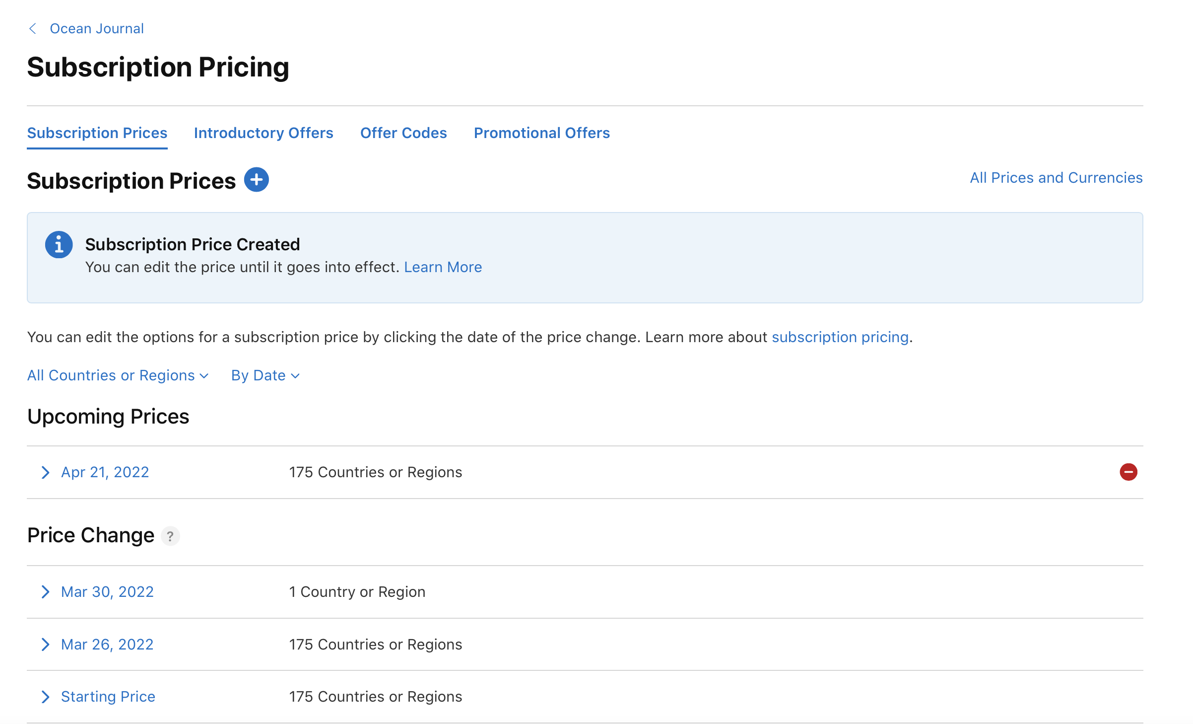 A screenshot of Subscription Pricing indicating a new subscription price creation: Notification states Subscription Price Created with an option to learn more. Lists upcoming price changes: Apr 21, 2022, for 175 countries or regions; Mar 30, 2022, for 1 country or region; Mar 26, 2022, for 175 countries or regions. Includes a link to "Learn more about subscription pricing."
