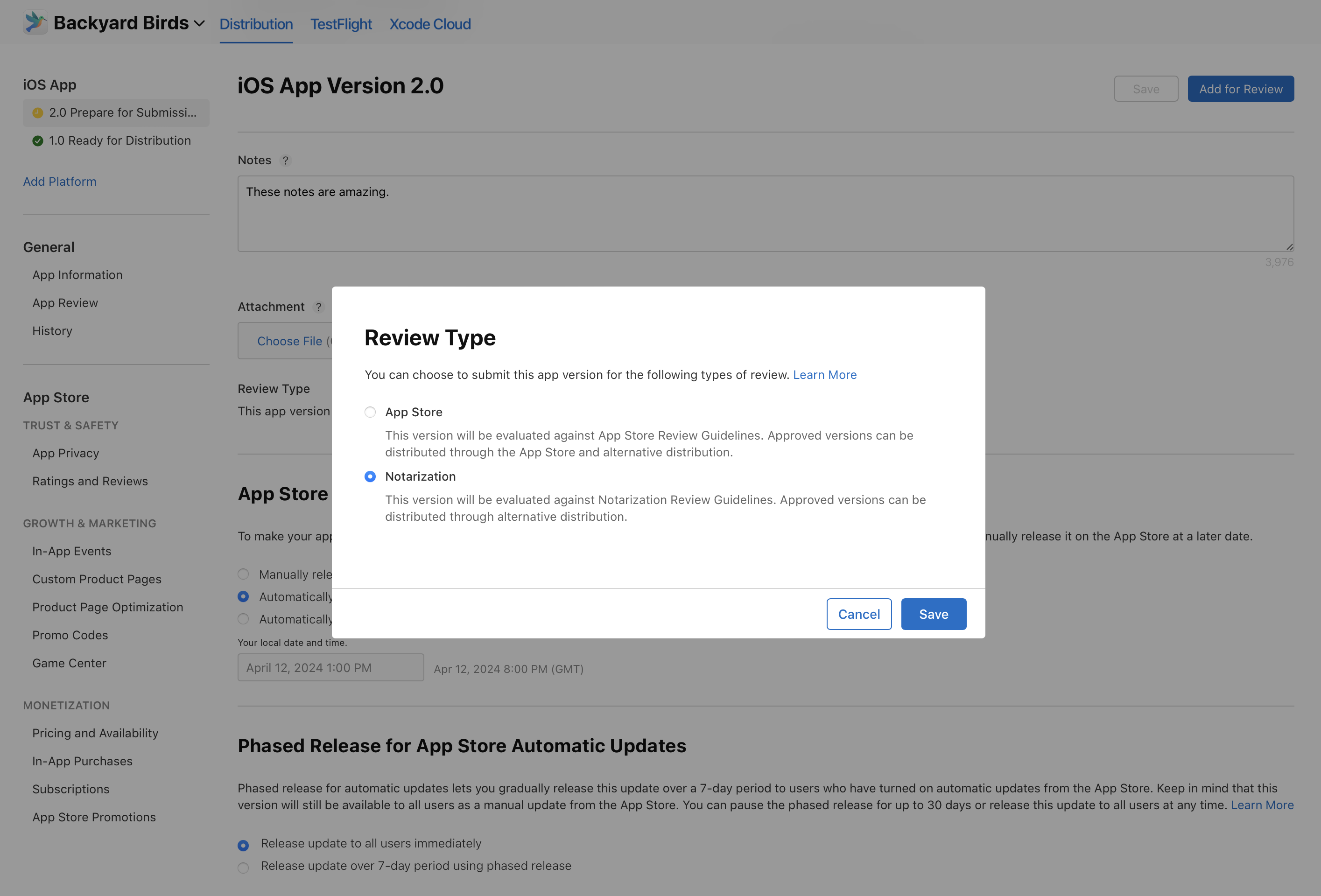 prompt displays two options: App Store or Notarization.