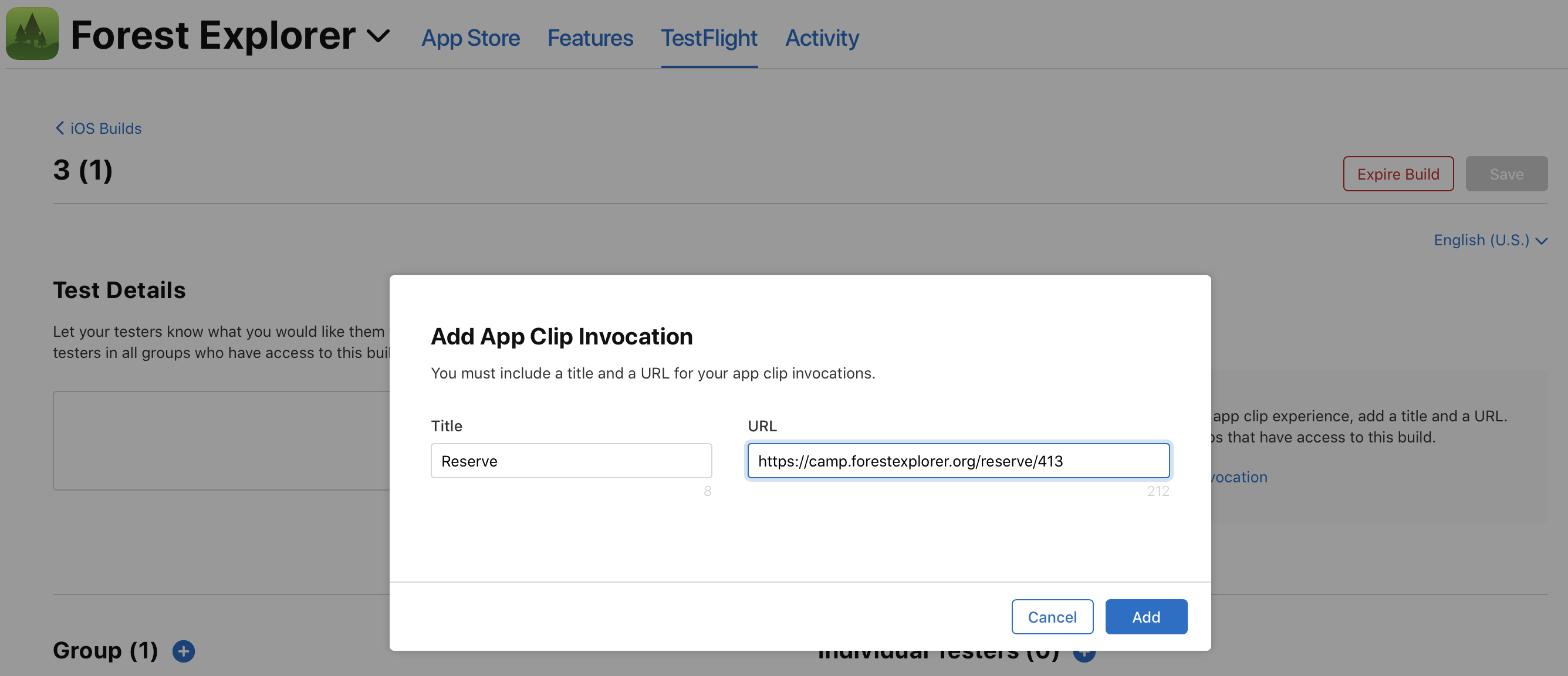 Screenshot of "Add App Clip Invocation" dialog with a Title text field and a URL text field. In the bottom right is a Cancel and Add button.