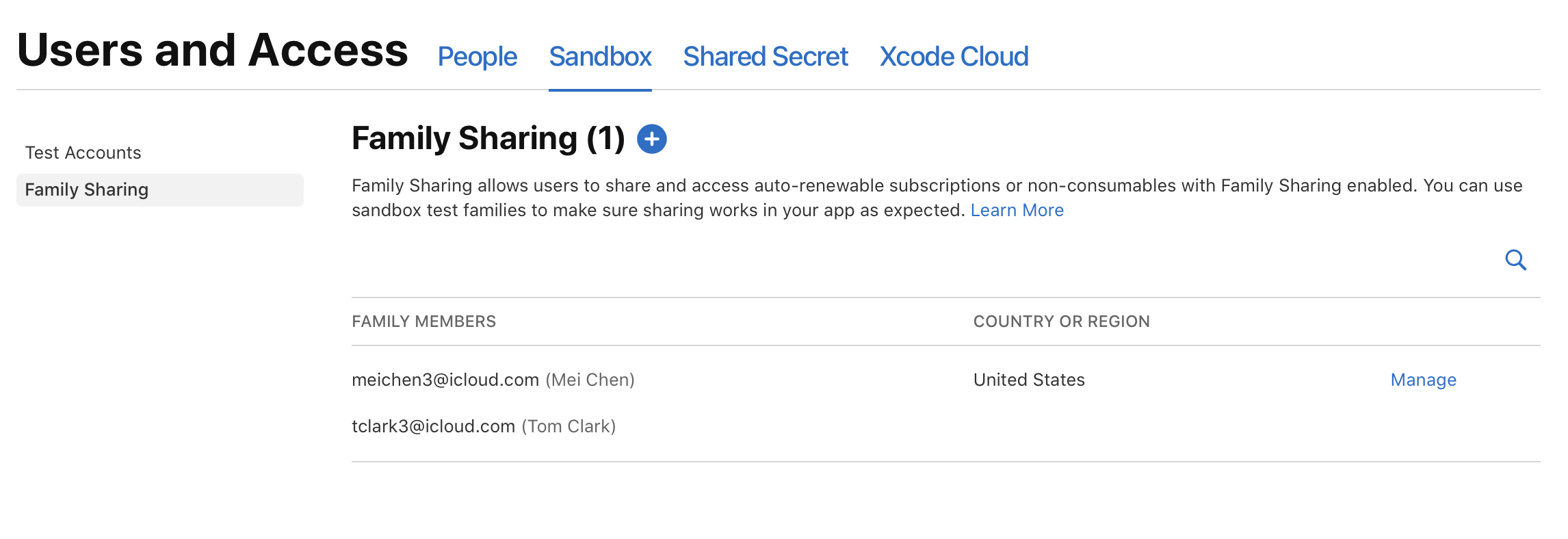 Family sharing page showing a list view of family members, with 'Manage' link next to the first member.