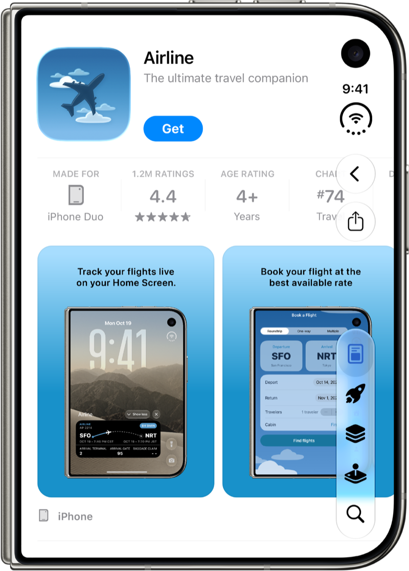 An App Store product page for an airline app on iPhone Duo, showing the Made for iPhone Duo badge.