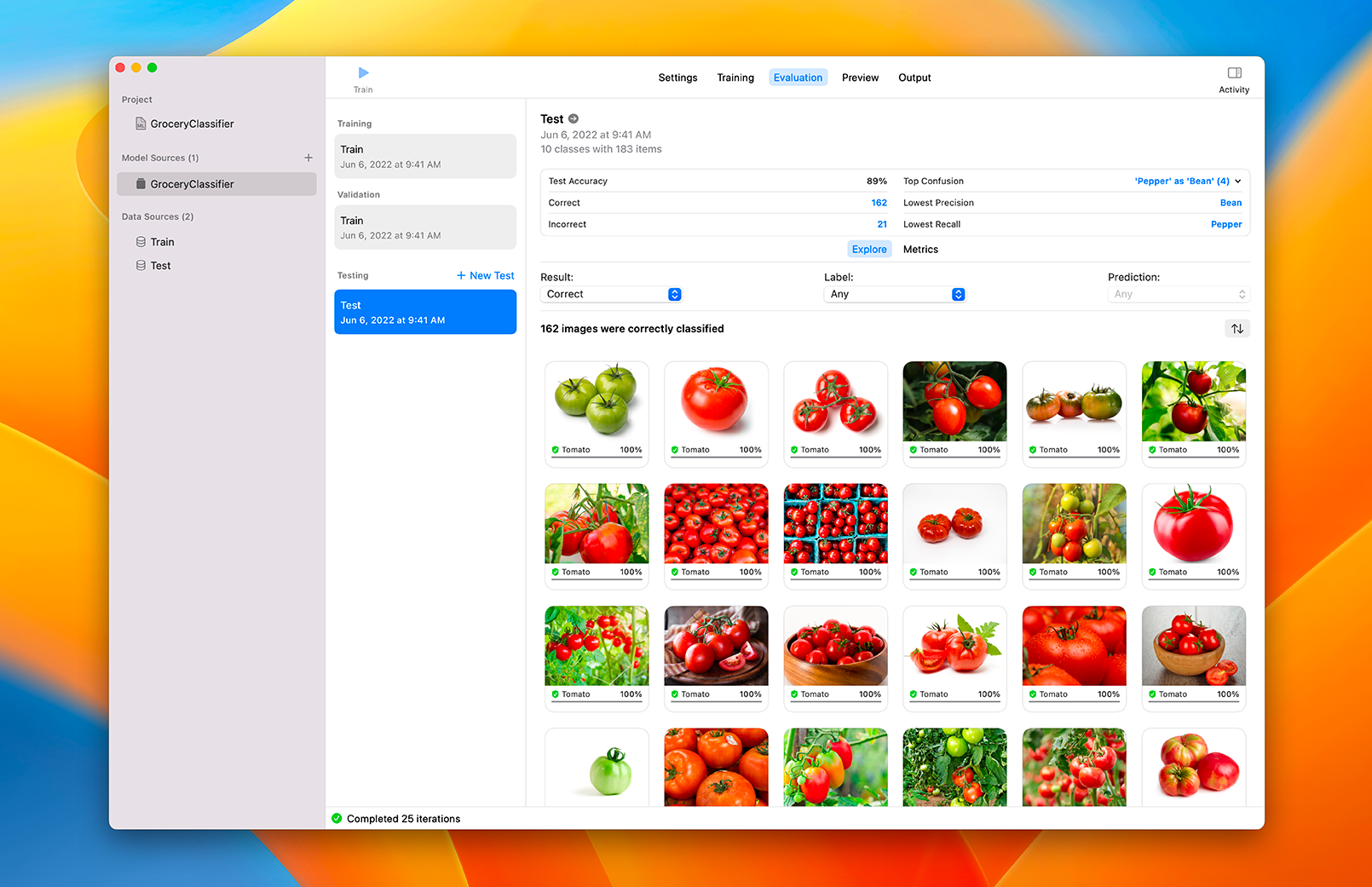 Create&nbsp;ML의 평가 예시가 표시된 MacBook&nbsp;Pro