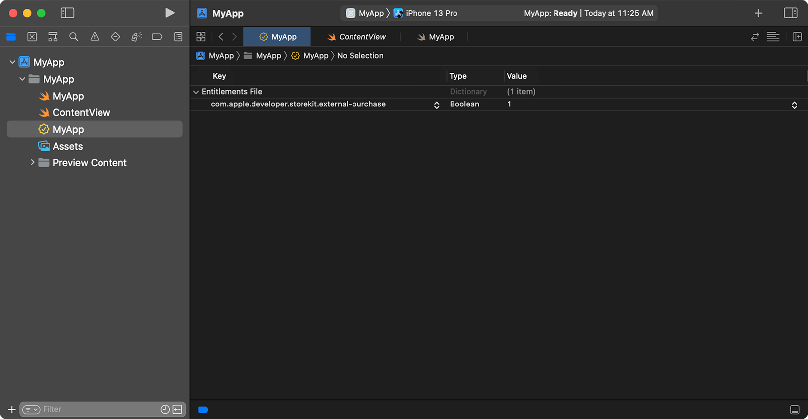 Xcodeで有効化されたエンタイトルメントのスクリーンショット