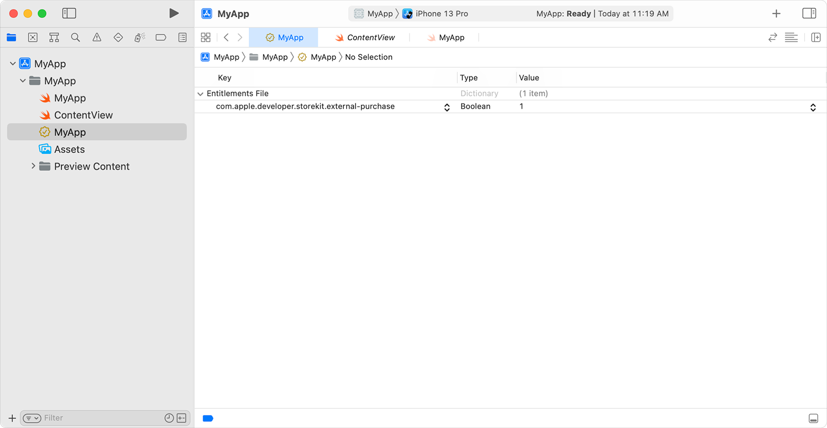 Xcodeで有効化されたエンタイトルメントのスクリーンショット
