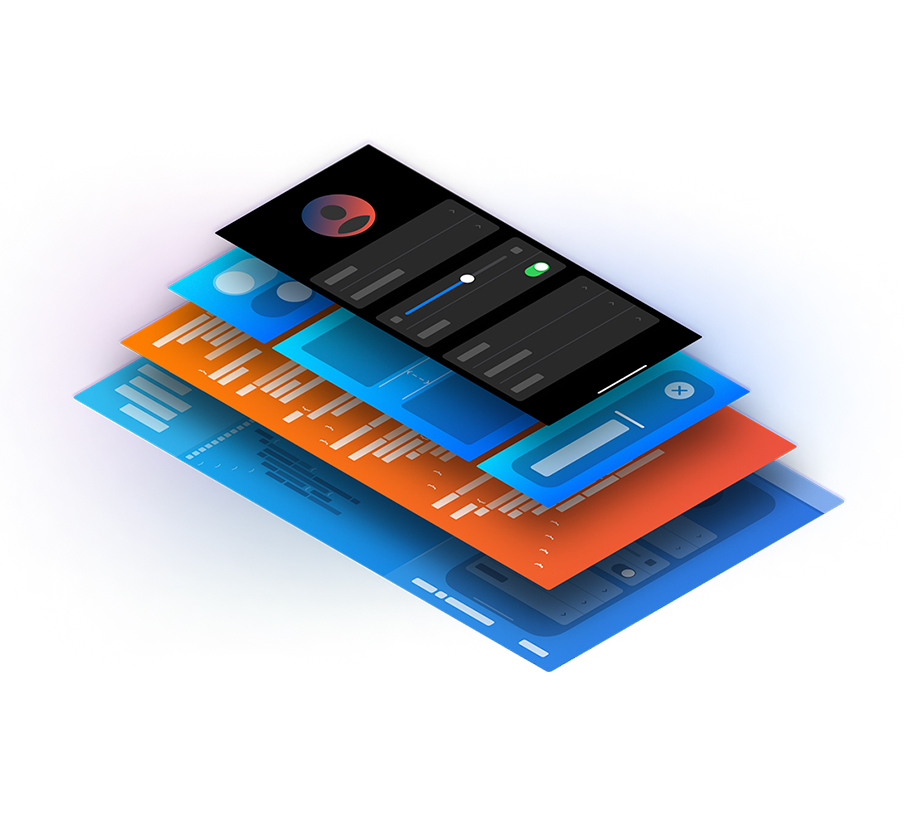 这张图片是一幅数字插图，描绘了在悬浮状态下叠放的分层用户界面元素。