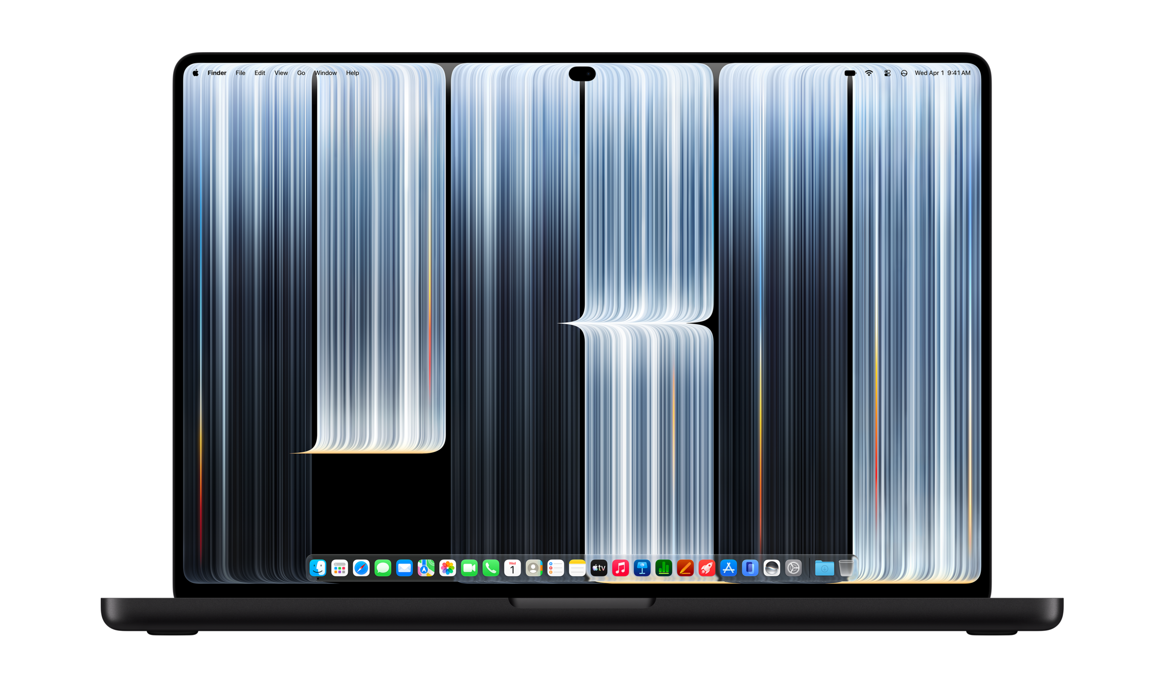 A MacBook Pro, shown open and facing forward against a black background, displaying a desktop wallpaper of abstract white light streaks against black. The macOS menu bar appears across the top and the Dock sits along the bottom of the screen.